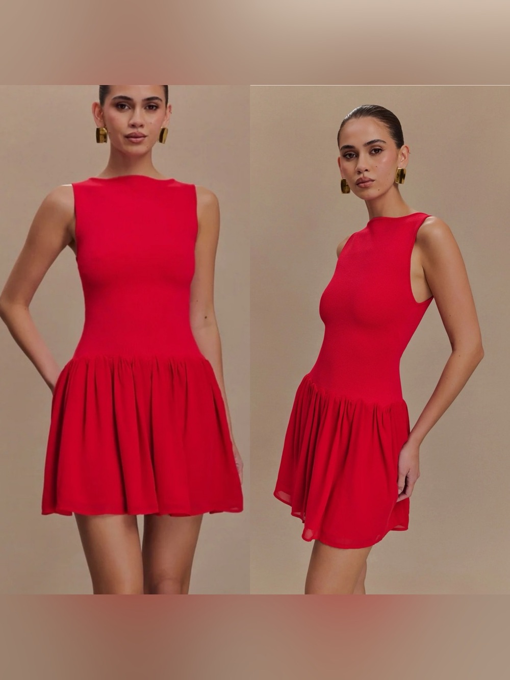 Meshki Ashleigh Knit And Chiffon Mini Dress in Red - Size S